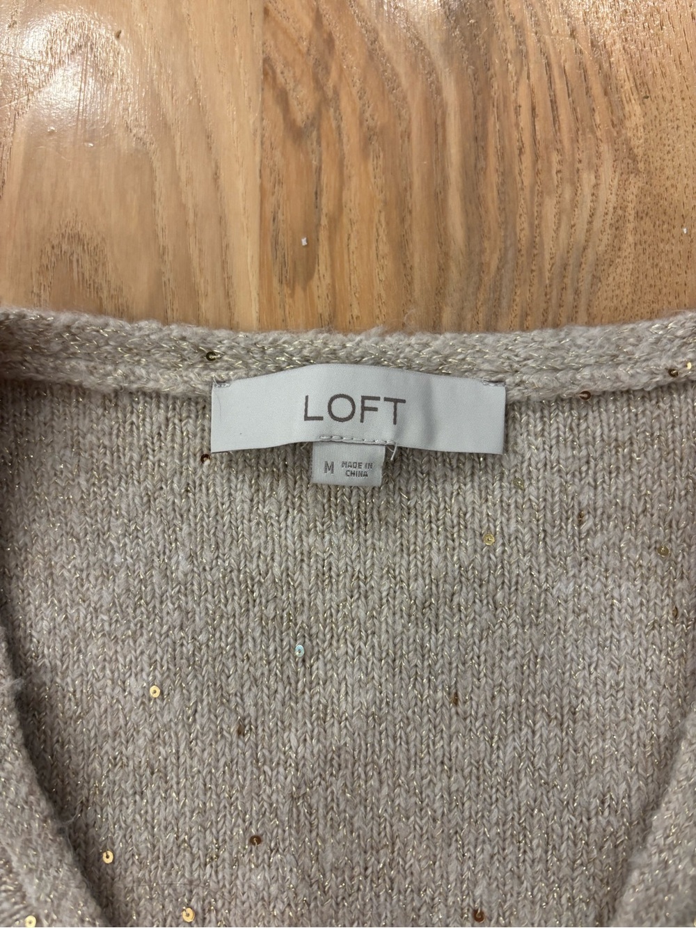 LOFT Sequin Double V-Neck Sweater Taupe Sand Medium - Picture 2 of 8
